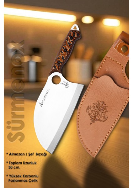 Sürmene Serisi B Almazan Mutfak Şef Bıçağı Bıçak Kamp Bıçağı Deri Kılıflı Kahve Verzalit Sap HDS-123 fiyatları