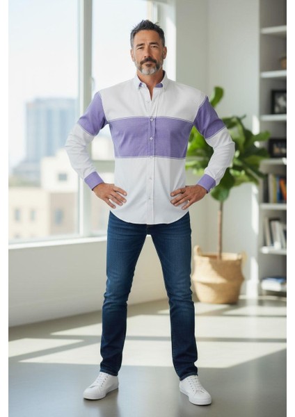 Klasik %100 Cotton Uzun Kollu Terletmeyen Kışlık Flanel Kumaş 2 Renkli Çizgili Gömlek (Regular Kalıp)