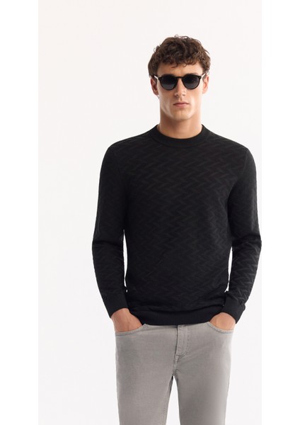 Erkek Siyah Bisiklet Yaka Dokulu Triko Regular Fit Kazak A52Y5086