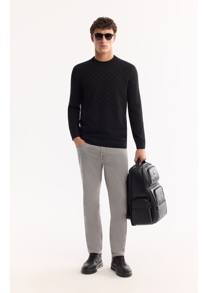 Erkek Siyah Bisiklet Yaka Dokulu Triko Regular Fit Kazak A52Y5086