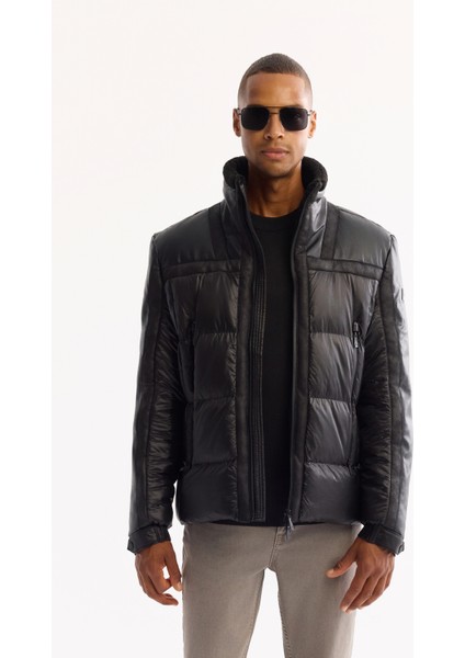 Erkek Siyah Dik Yaka Rüzgar Geçirmez -5 Derece Dayanıklı Şişme Comfort Fit Mont A52Y6052