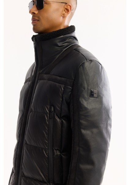 Erkek Siyah Dik Yaka Rüzgar Geçirmez -5 Derece Dayanıklı Şişme Comfort Fit Mont A52Y6052