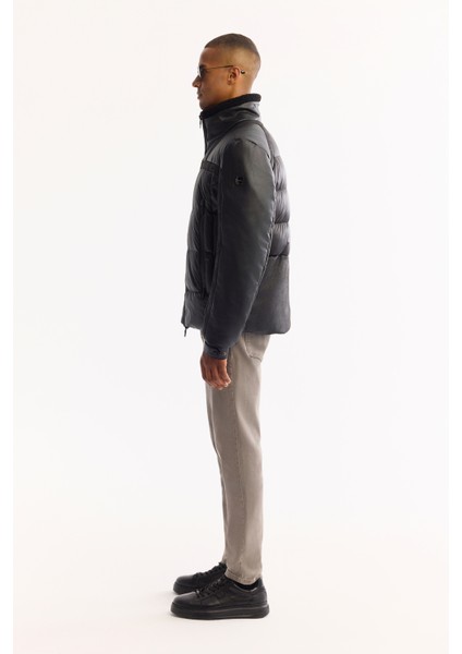 Erkek Siyah Dik Yaka Rüzgar Geçirmez -5 Derece Dayanıklı Şişme Comfort Fit Mont A52Y6052