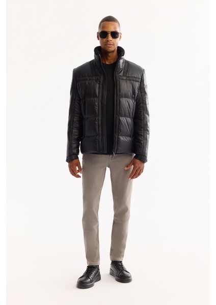 Erkek Siyah Dik Yaka Rüzgar Geçirmez -5 Derece Dayanıklı Şişme Comfort Fit Mont A52Y6052