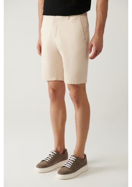 Erkek Bej Beli Lastikli Yumuşak Tuşeli Aspendos Relaxed Fit Şort A41Y3735