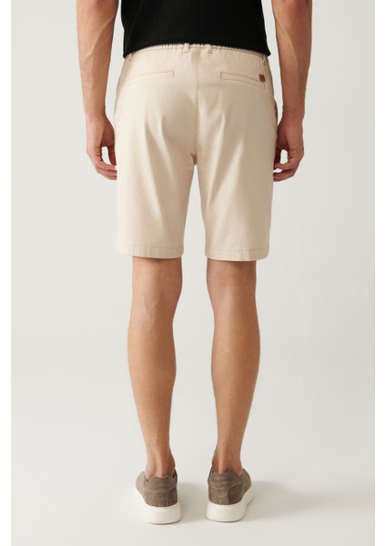 Erkek Bej Beli Lastikli Yumuşak Tuşeli Aspendos Relaxed Fit Şort A41Y3735