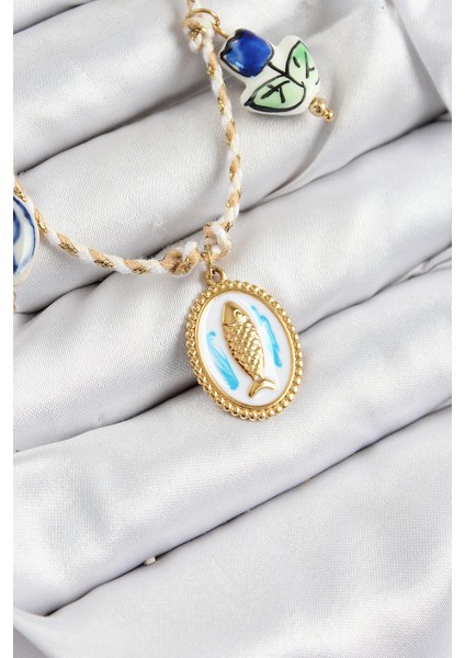 Seramik Motifli Balık Figürlü Model Krem Ip Kadın Kolye - TJ-BKO10400