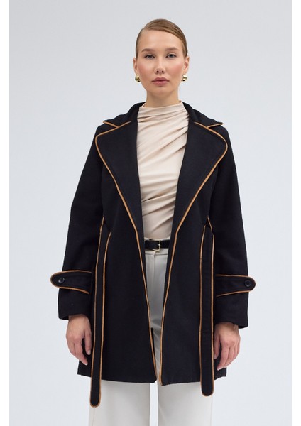 Kaşe Kadın Şık Yaka Kemerli Kaban