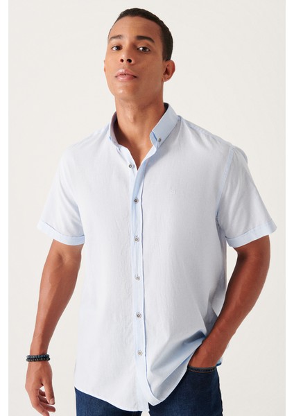 Erkek Mavi Düğmeli Yaka Pamuk İnce Kısa Kol Regular Fit Gömlek E002210