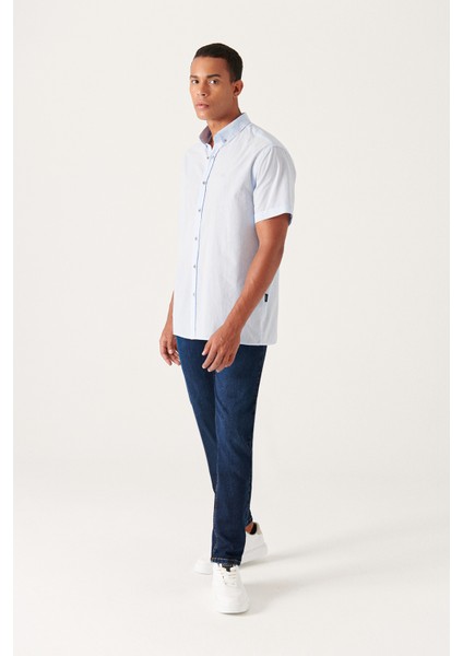 Erkek Mavi Düğmeli Yaka Pamuk İnce Kısa Kol Regular Fit Gömlek E002210