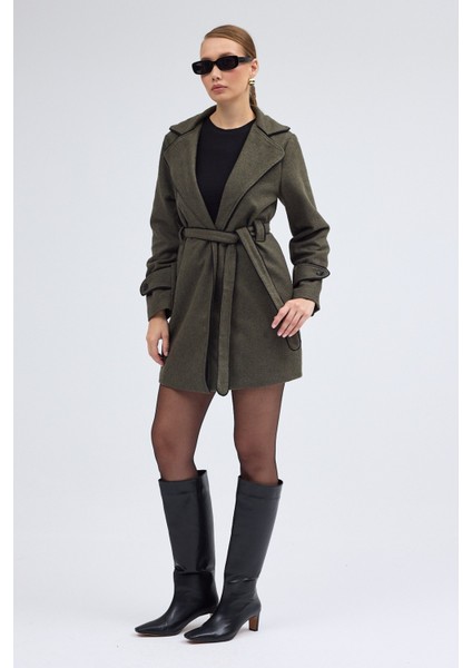 Kaşe Kadın Şık Tasarım Yaka Kaban ve Kemer