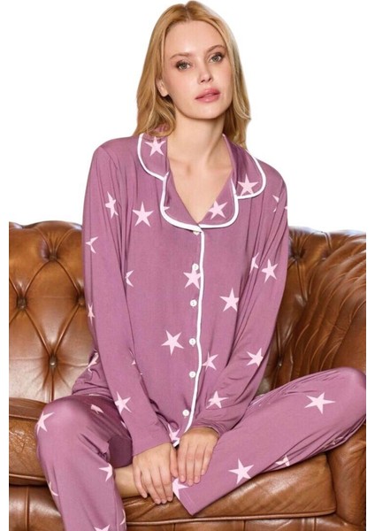 Pijamood Kadın Milan Kumaş Önü Düğmeli Mevsimlik Uzun Kol Pijama Takımı