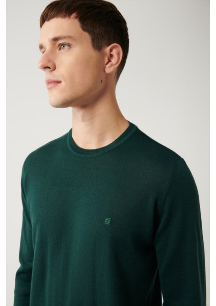 Erkek Yeşil Bisiklet Yaka Yün Karışımlı Triko Regular Fit Kazak B005013