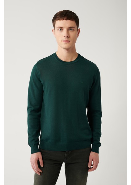 Erkek Yeşil Bisiklet Yaka Yün Karışımlı Triko Regular Fit Kazak B005013
