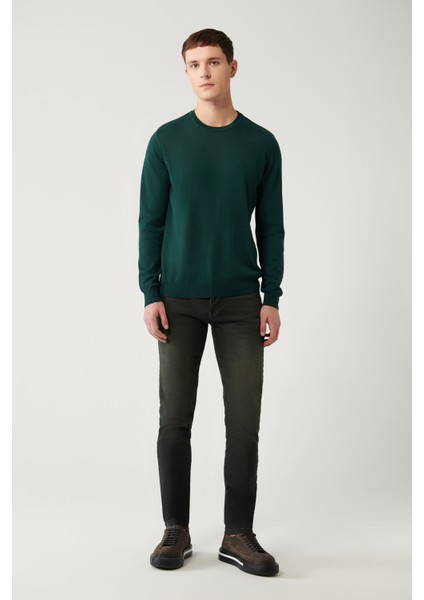 Erkek Yeşil Bisiklet Yaka Yün Karışımlı Triko Regular Fit Kazak B005013