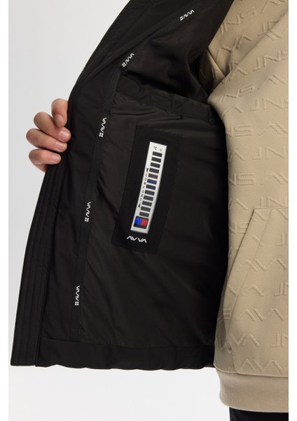 Erkek Siyah Dik Yaka Su İtici Rüzgar Geçirmez Elyaf Şişme Peluş Comfort Fit Mont A42Y6017