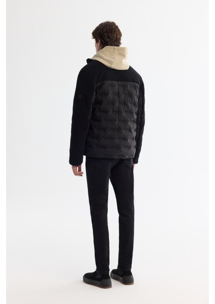 Erkek Siyah Dik Yaka Su İtici Rüzgar Geçirmez Elyaf Şişme Peluş Comfort Fit Mont A42Y6017