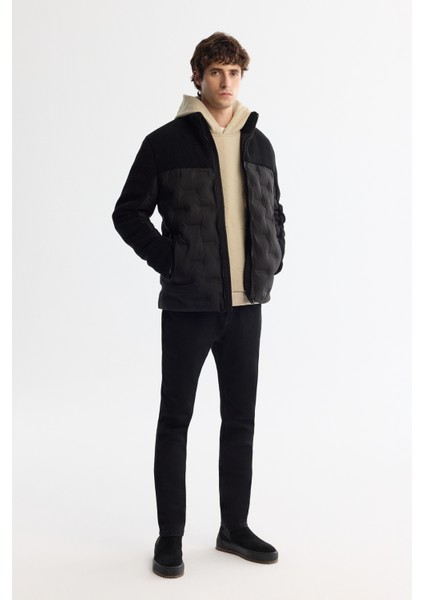 Erkek Siyah Dik Yaka Su İtici Rüzgar Geçirmez Elyaf Şişme Peluş Comfort Fit Mont A42Y6017