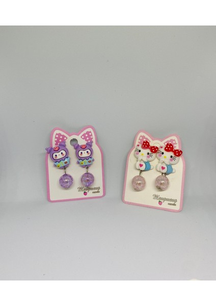 Hello Kitty Kuromi Sanrio Karakterli Karışık Renk ve Model Bijuteri Renkli Boncuklu Arkası Sıkıştırmalı Çocuk Küpe Seti (2ÇİFT)