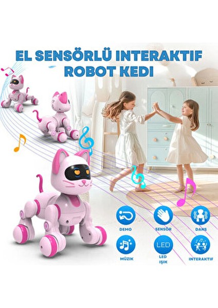 Full Fonksiyon Uzaktan Kumandalı El Sensörlü Şarjlı Işıklı Müzikli Dansçı Robot Kedi
