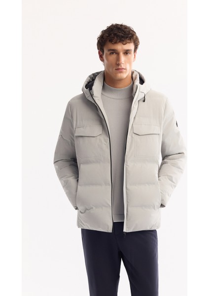 Erkek Gri Kapüşonlu %100 Kaz Tüyü Su İtici Rüzgar Geçirmez -7°CDayanıklı Şişme Mont A52Y6115