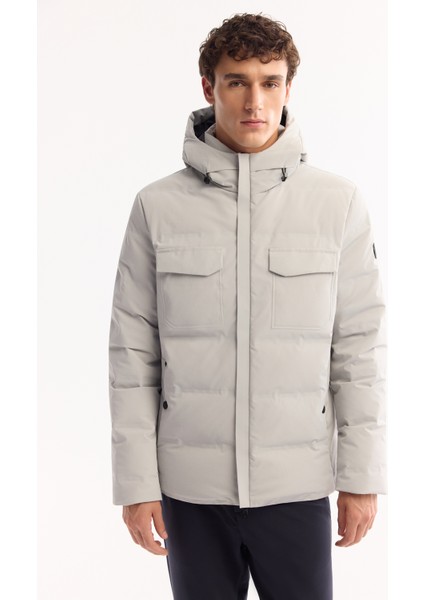 Erkek Gri Kapüşonlu %100 Kaz Tüyü Su İtici Rüzgar Geçirmez -7°CDayanıklı Şişme Mont A52Y6115