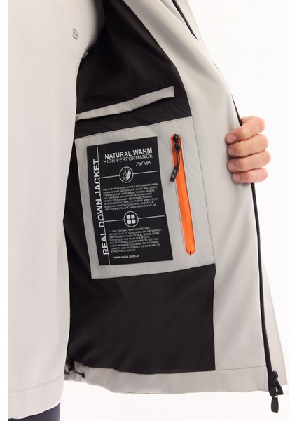 Erkek Gri Kapüşonlu %100 Kaz Tüyü Su İtici Rüzgar Geçirmez -7°CDayanıklı Şişme Mont A52Y6115