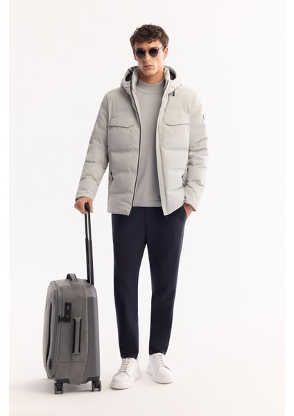 Erkek Gri Kapüşonlu %100 Kaz Tüyü Su İtici Rüzgar Geçirmez -7°CDayanıklı Şişme Mont A52Y6115