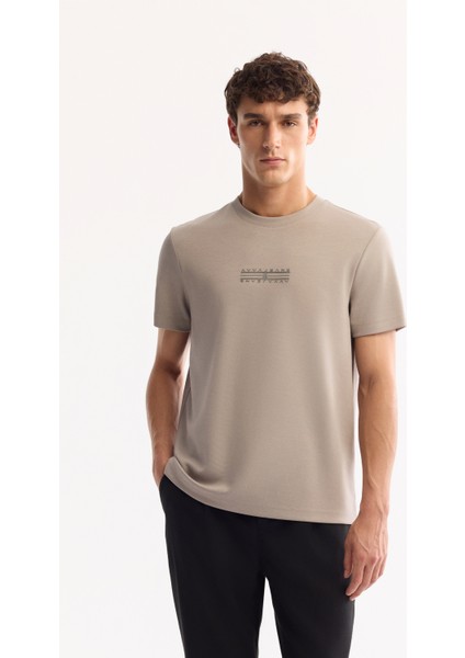 Erkek Vizon Bisiklet Yaka Viskon Karışımlı Bi-Stretch Baskılı Regular Fit T-Shirt A52Y1018