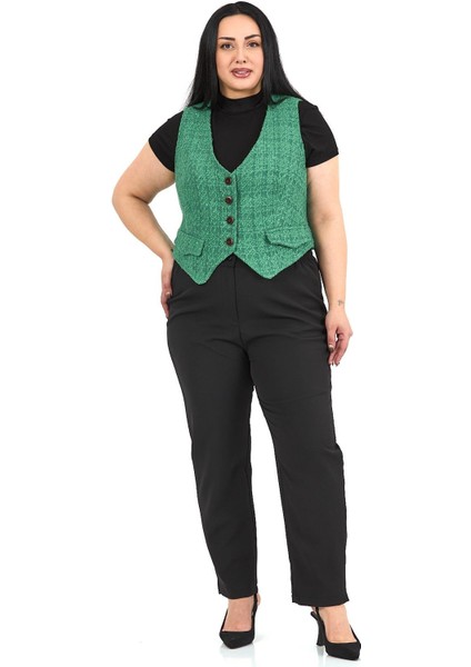 Büyük Beden Düğme Kapamalı Cep Kapaklı Astarlı Kısa Buklet Yeşil Yelek
