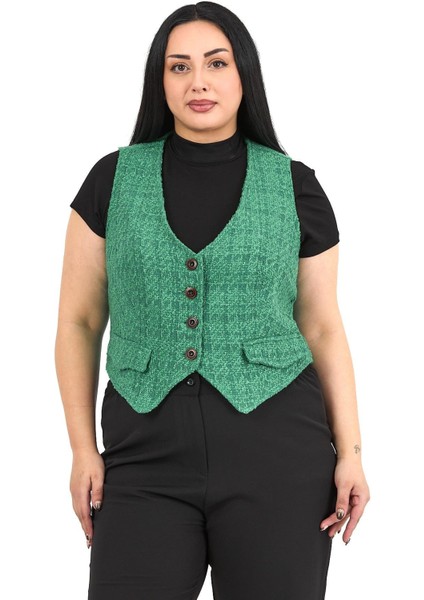 Büyük Beden Düğme Kapamalı Cep Kapaklı Astarlı Kısa Buklet Yeşil Yelek fiyatları