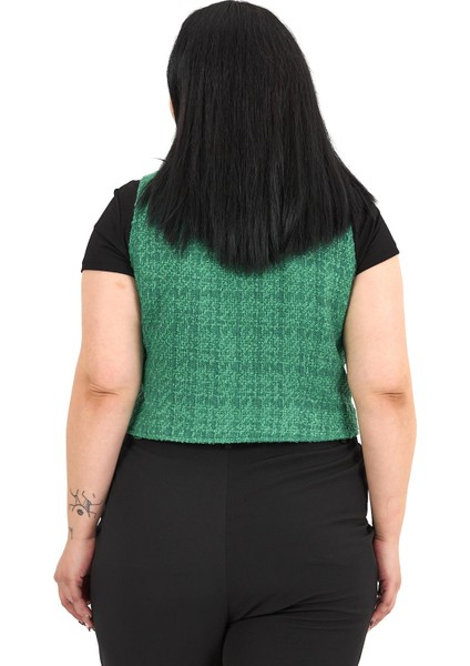 Büyük Beden Düğme Kapamalı Cep Kapaklı Astarlı Kısa Buklet Yeşil Yelek modelleri