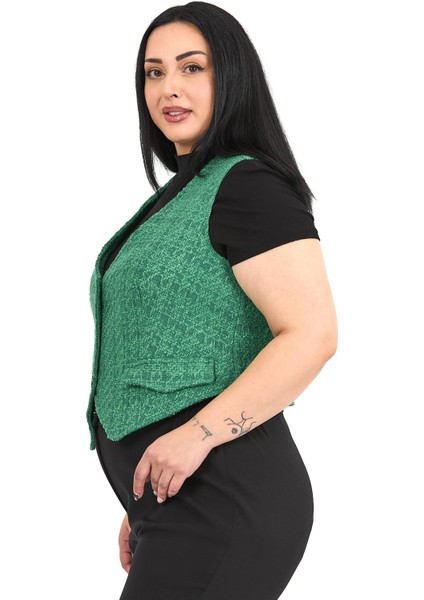 Büyük Beden Düğme Kapamalı Cep Kapaklı Astarlı Kısa Buklet Yeşil Yelek fırsatları