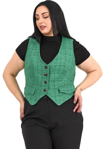 Büyük Beden Düğme Kapamalı Cep Kapaklı Astarlı Kısa Buklet Yeşil Yelek indirimleri