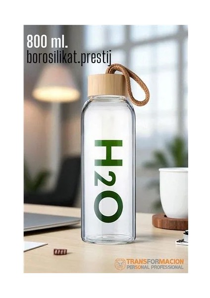 Cam Matara - 800 ml Bambu Kapaklı Borosilikat Cam Matara - Ofis Matarası