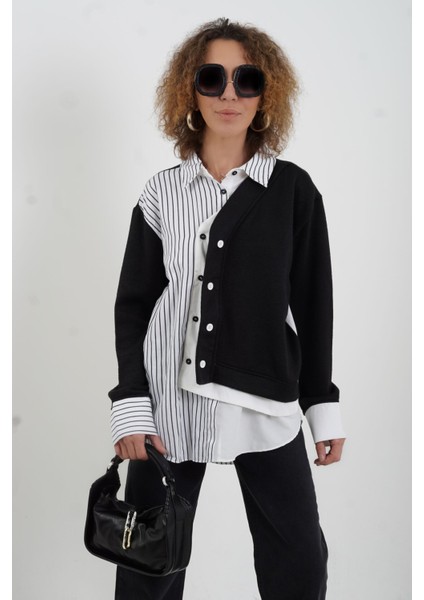 Siyah Triko Detaylı Çizgili Gömlek