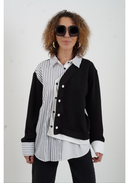 Siyah Triko Detaylı Çizgili Gömlek modelleri