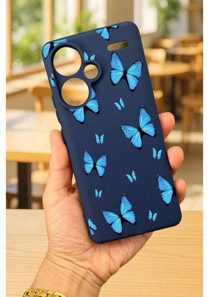 Redmi Note 13 Pro Plus - Mavi Kelebek Desenli Silikon Darbe Emici Klasik Korumalı Rubber Kılıf