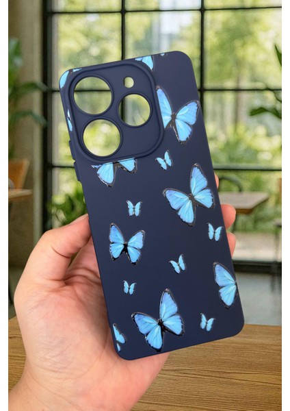 Tecno Spark 10 Pro Uyumlu Mavi Kelebek Desenli Silikon Darbe Emici Klasik Korumalı Rubber Kılıf