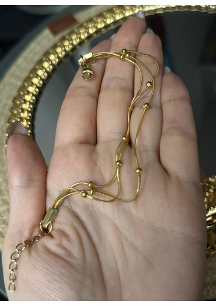 Altın Rengi Üçlü Yılan Zincir Dorikalı Çelik Bileklik - Minimalist Top Detaylı Altın Rengi Zarif Kadın Bilekliği fırsatları