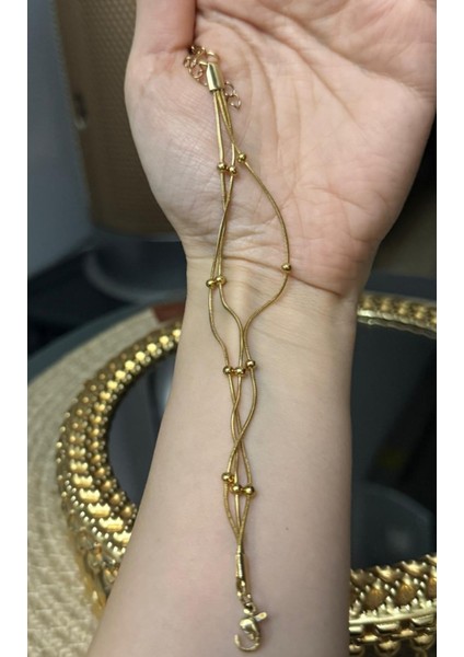 Altın Rengi Üçlü Yılan Zincir Dorikalı Çelik Bileklik - Minimalist Top Detaylı Altın Rengi Zarif Kadın Bilekliği indirimleri