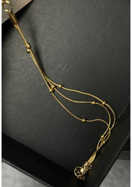 Altın Rengi Üçlü Yılan Zincir Dorikalı Çelik Bileklik - Minimalist Top Detaylı Altın Rengi Zarif Kadın Bilekliği