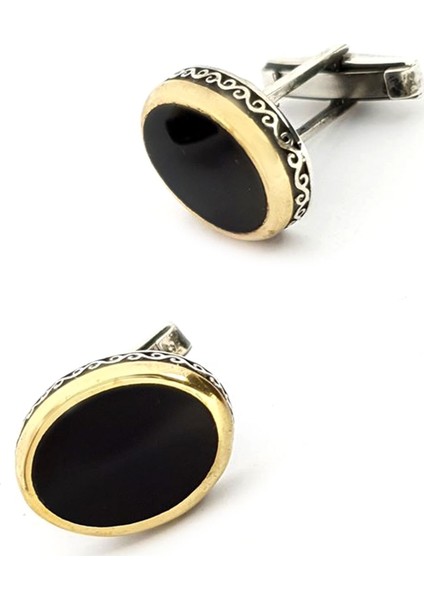 Siyah mineli gümüş kol düğmesi