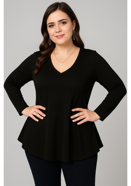 Büyük Beden V Yaka Uzun Kol Geniş Etekli Bluz