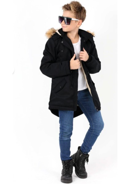 Erkek Çocuk Su Geçirmez Çıkarılabilir Kapüşonlu Pelüş Kürk Astarlı Uzun Mont Kaban fiyatları
