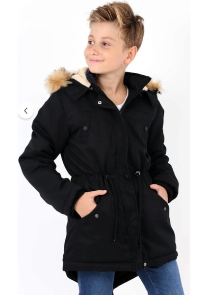 Erkek Çocuk Su Geçirmez Çıkarılabilir Kapüşonlu Pelüş Kürk Astarlı Uzun Mont Kaban