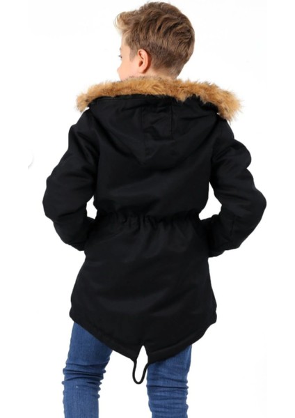 Erkek Çocuk Su Geçirmez Çıkarılabilir Kapüşonlu Pelüş Kürk Astarlı Uzun Mont Kaban fırsatları