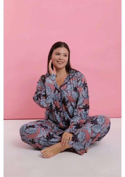 - Kadın Büyük Beden Somon Yaprak Desenli Düğmeli Pijama Takımı fiyatları