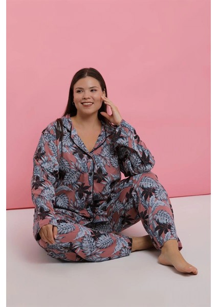 - Kadın Büyük Beden Somon Yaprak Desenli Düğmeli Pijama Takımı indirimleri