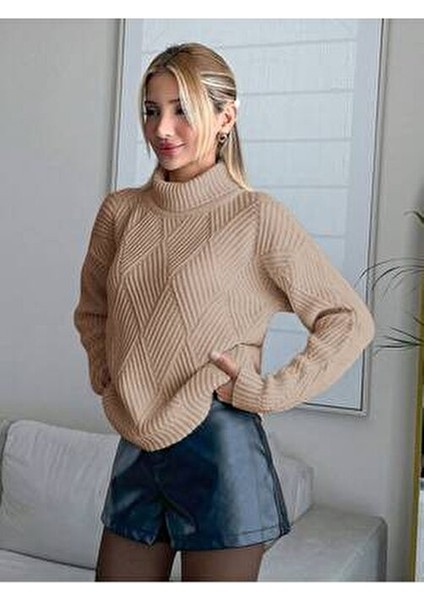 Kadın Baklava Desenli Boğazlı Bisküvi Triko Kazak modelleri